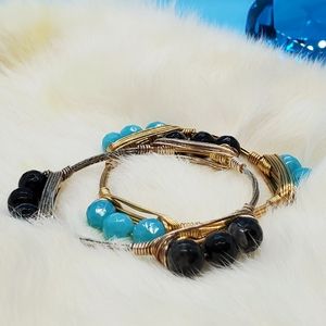 Pair of beaded wrap wire gold tone Artisan made bangle bracelet Hawai'i Local